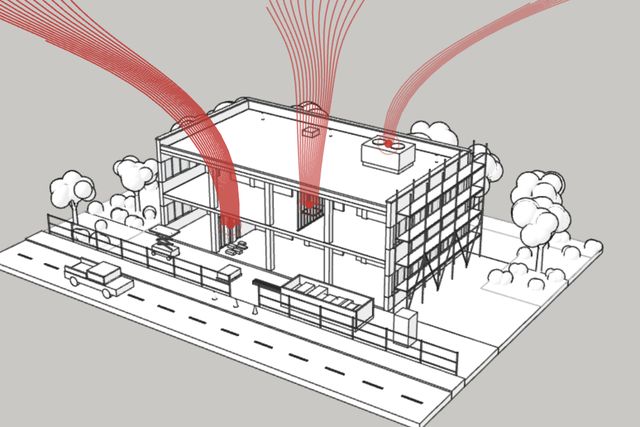 The renovation site drawn in black hidden-line work, where the evidence is used to plan the work.
