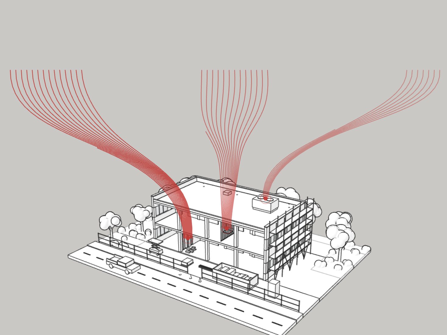 A line drawing of a renovation site with fans of red lines rising from where surprises come from, one line per thousand dollars.