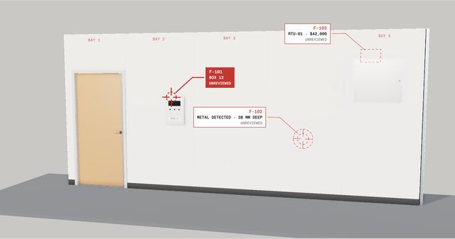 A wall in the Facade demo with field records drawn on its face as red marks.