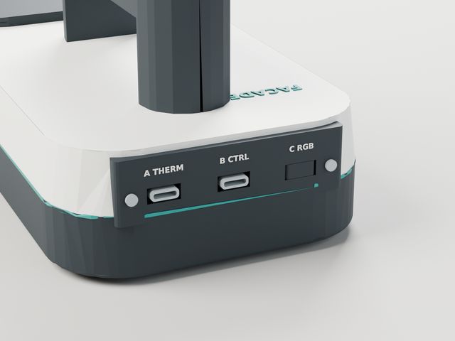 The rear panel with three USB-C ports labelled A, B and C.