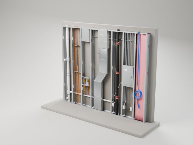 The same wall with the board removed: steel studs, a supply duct, copper water lines, drain and vent pipe, and an electrical panel with conduit.