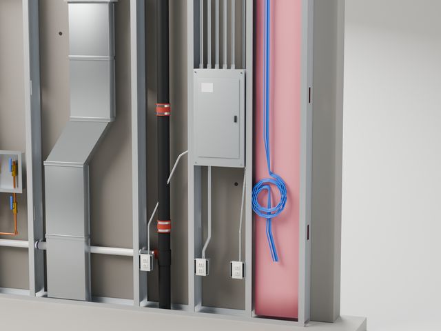 Close-up of the electrical panel and its conduit runs between the studs.